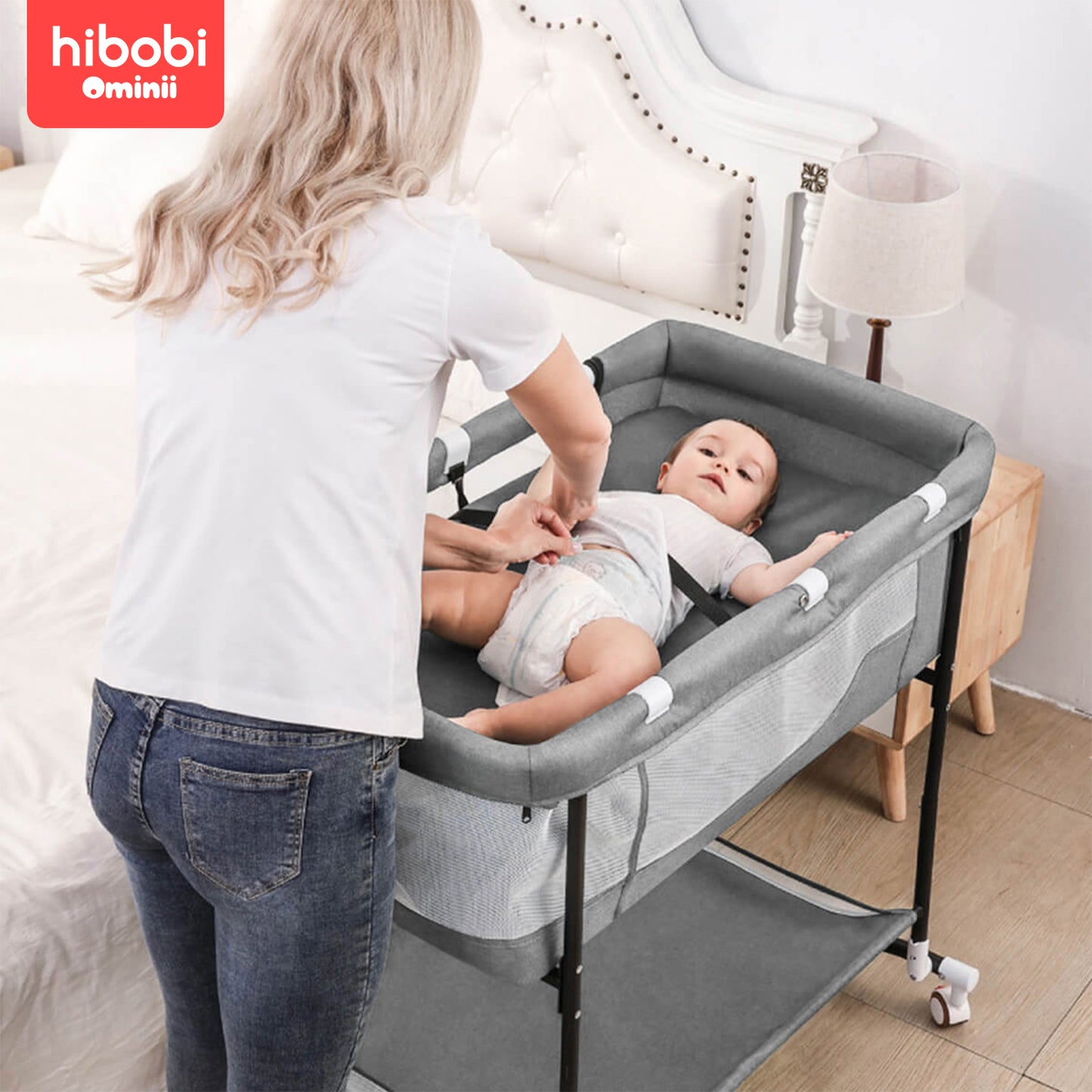 Hibobi Ominni Bed Infant Bed Travel Bed, Cradle, Foldable and Openable, Adjustable Cover, Storage, Mattress Cover.