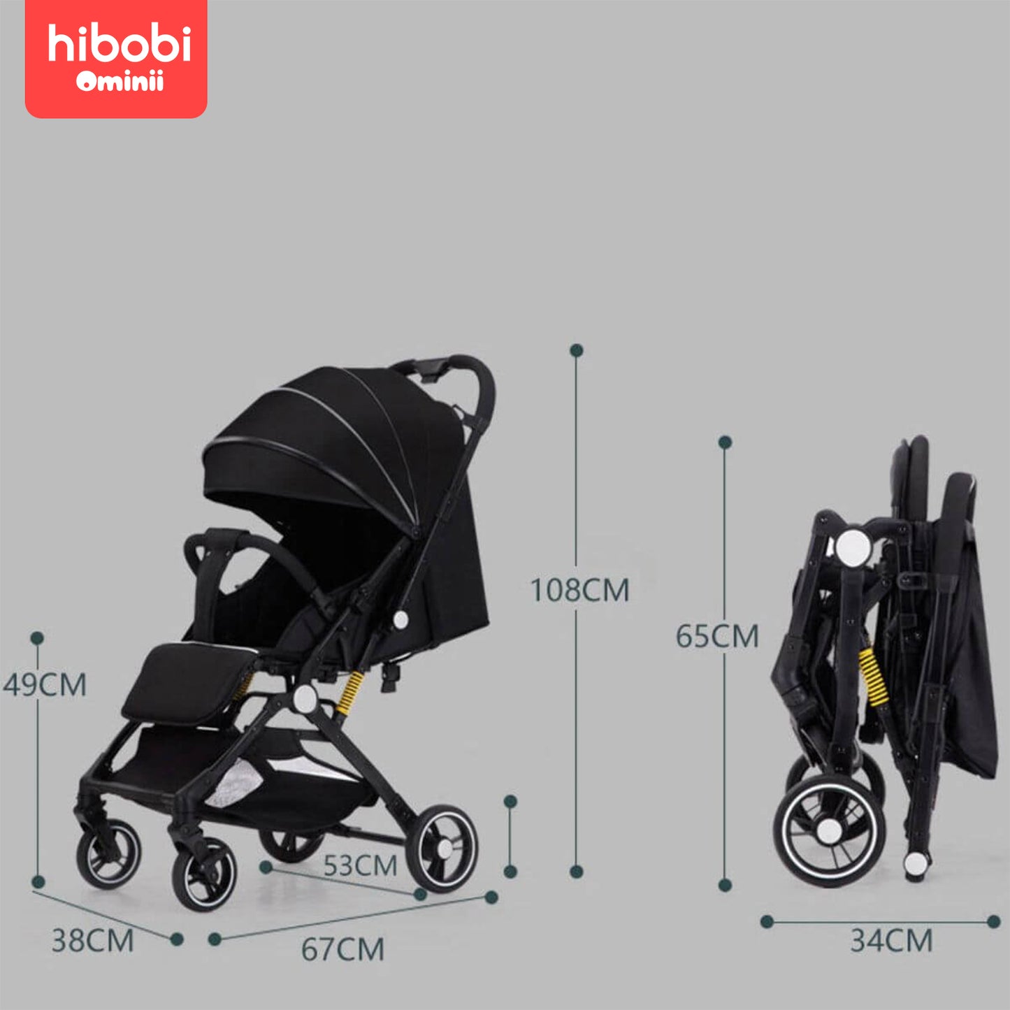 Hibobi Ominni Lightweight Stroller, Lightweight Travel Stroller for 0-36 Months with Foldable Storage Basket, Strollers and Accessories, 5 Point Safety Harness (Grey, Black)