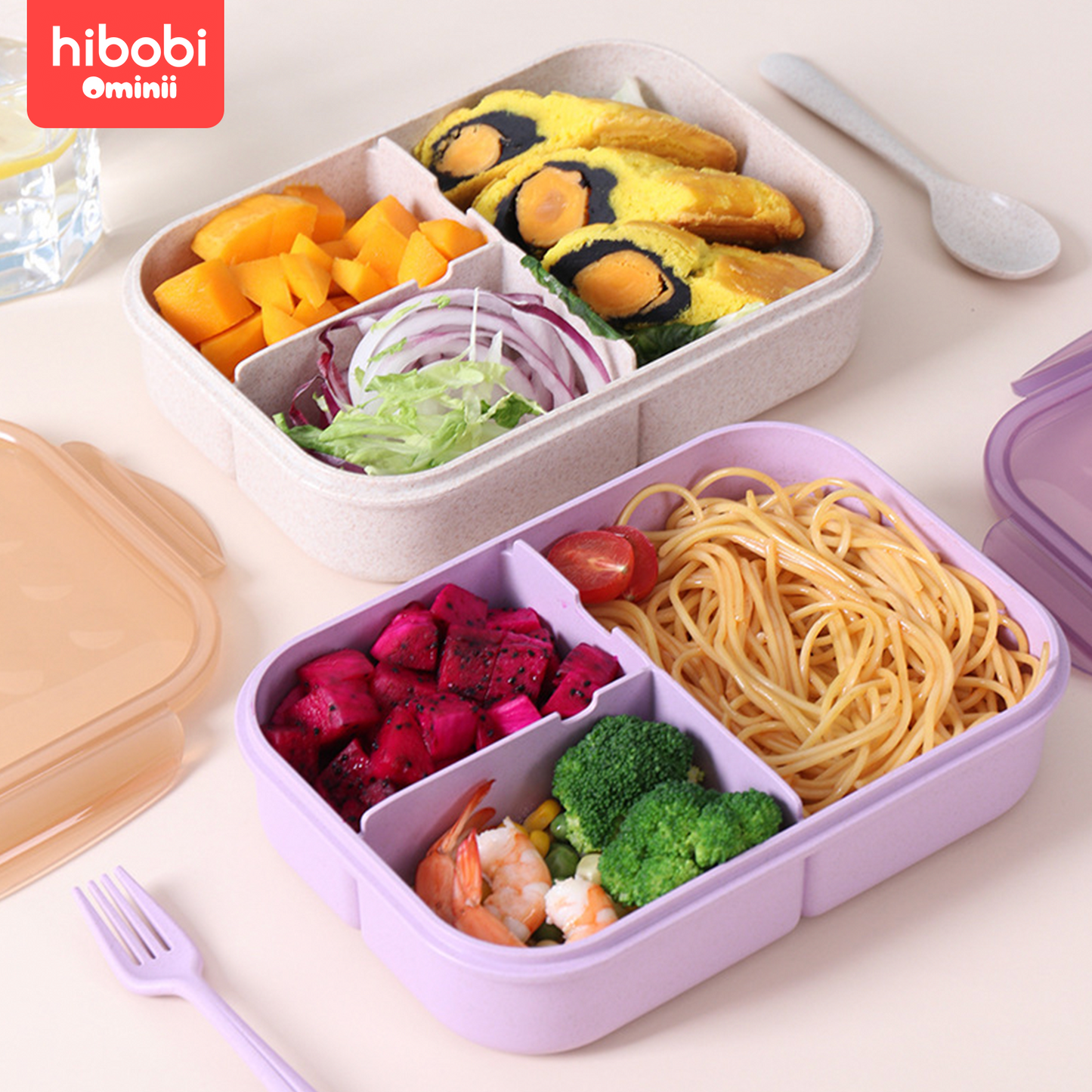 Hibobi Ominni Wheat Straw Bento Lunch Box, Convenient Organizer Section, Microwavable, Student Friendly, with Fork.