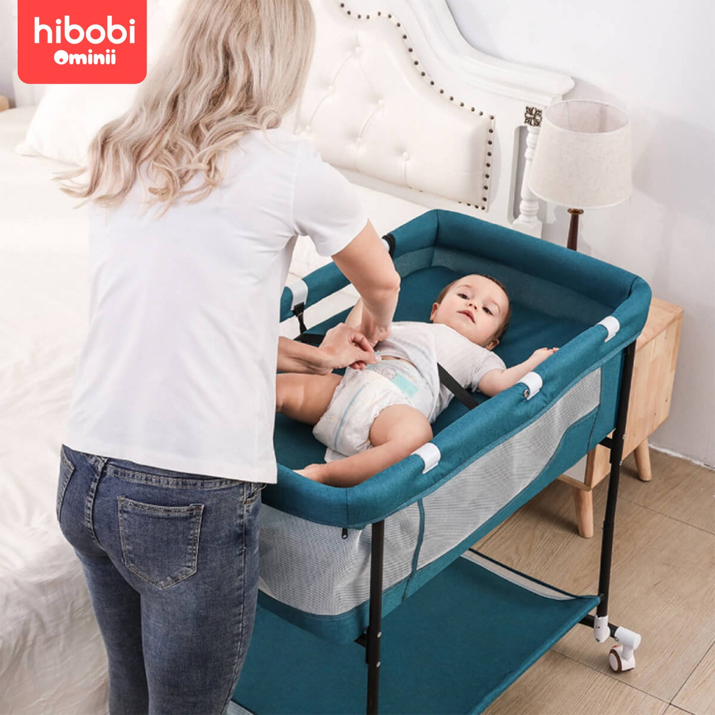 Hibobi Ominni Bed Infant Bed Travel Bed, Cradle, Foldable and Openable, Adjustable Cover, Storage, Mattress Cover.
