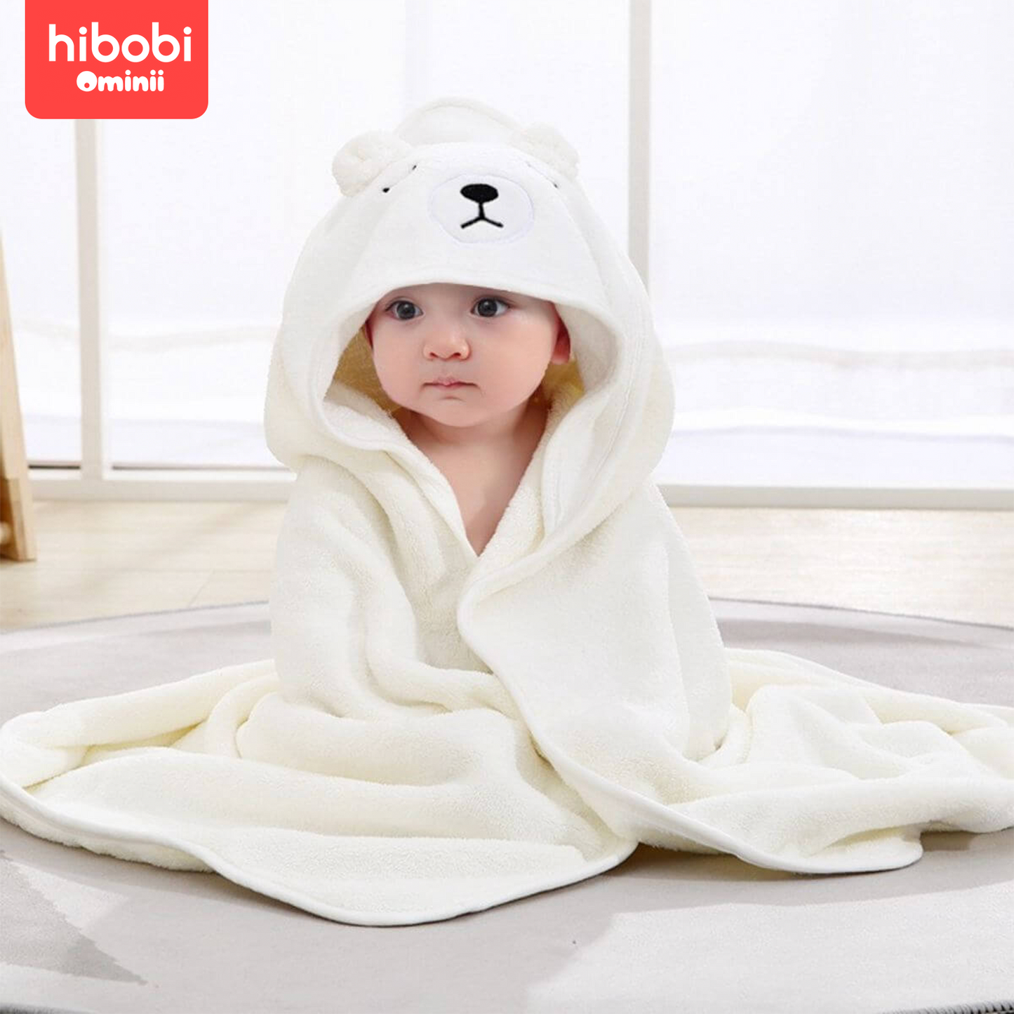 Hibobi Ominni Hooded Infant Bath Towel, Large Size 80 x 80 cm for Infants, Unique Cotton Animal Design for Your Baby, Super Soft, High Absorbency and No Lumping, Suitable for Boys and Girls