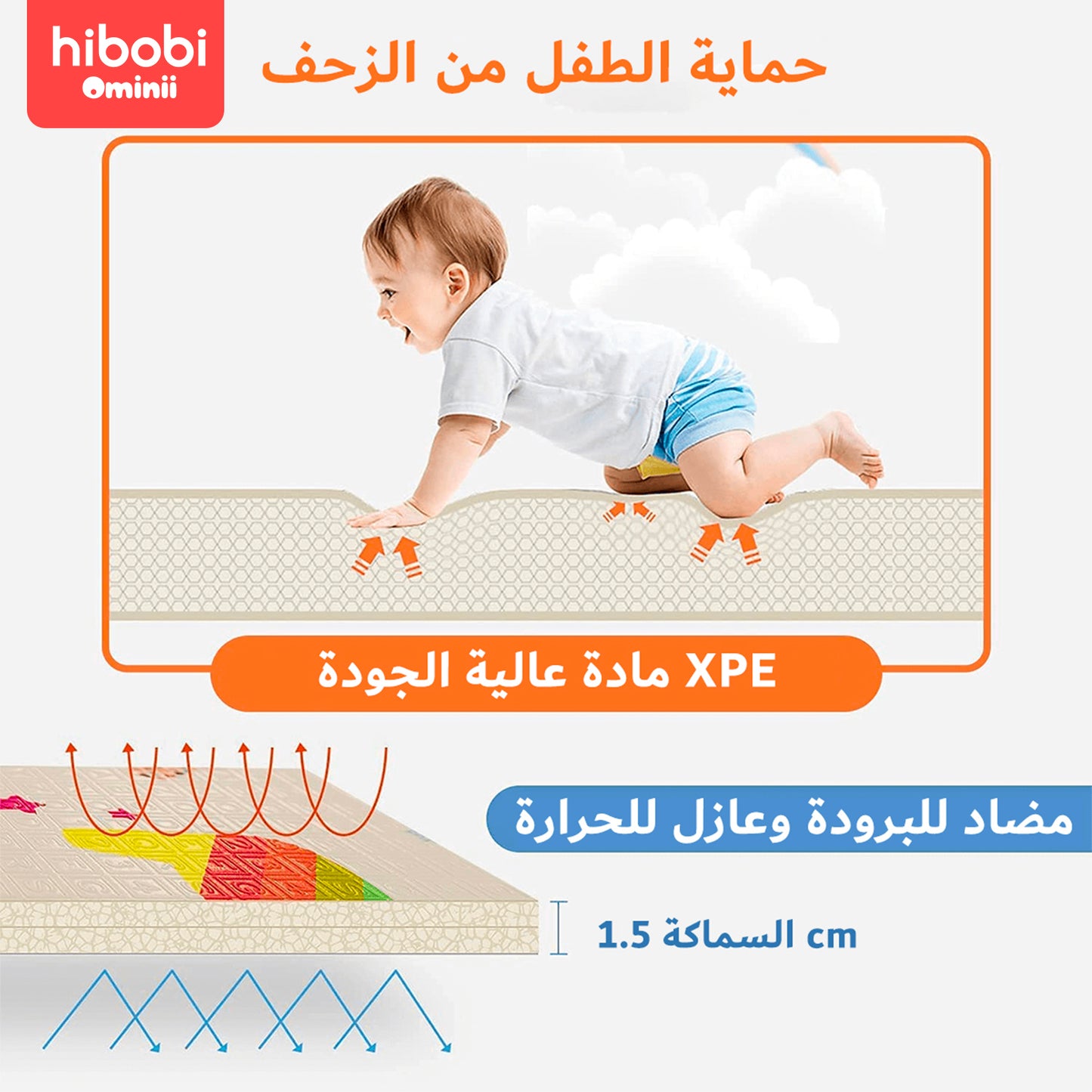 هاي بوبي أوميني مفرش لعب للأطفال، بحجم 195x175 سم، قابل للطي، مصنوع من الفوم، مقاوم للماء، مع تعزيز حواف.