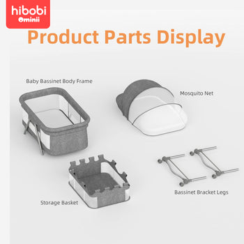 Hibobi Ominni Baby Side Bed, Newborn Foldable Bed, Crib with Large Storage Basket, Portable Infant Bed with Side Net for Travel, Adjustable High with Soft Mattress, Swivel Wheels and Anti-Mosquito Net.