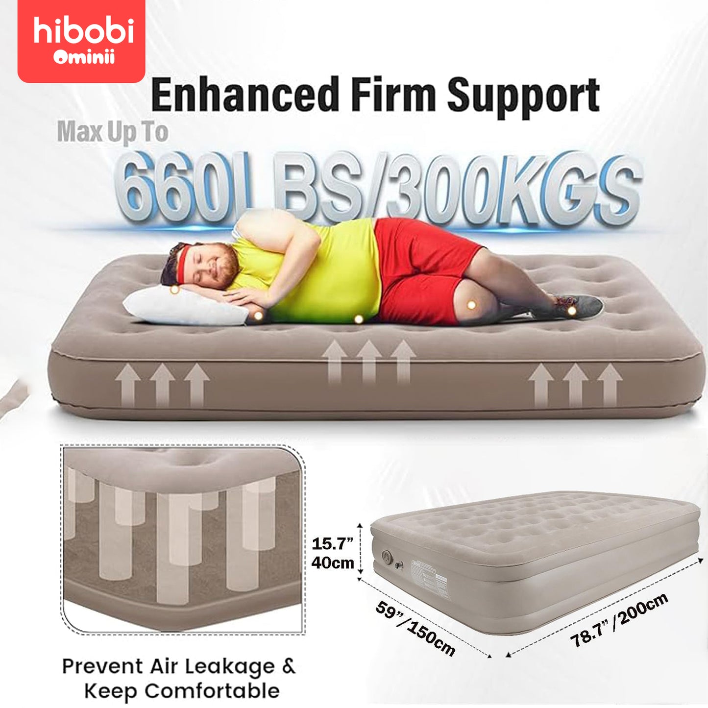 Hibobi Ominni Air Bed with Built-in Pump, Double Height Raised, Self-Inflating Air Mattress, 660 Lb Capacity Inflatable Mattress for Home Camping in the Trunk Travel Bed for 2.