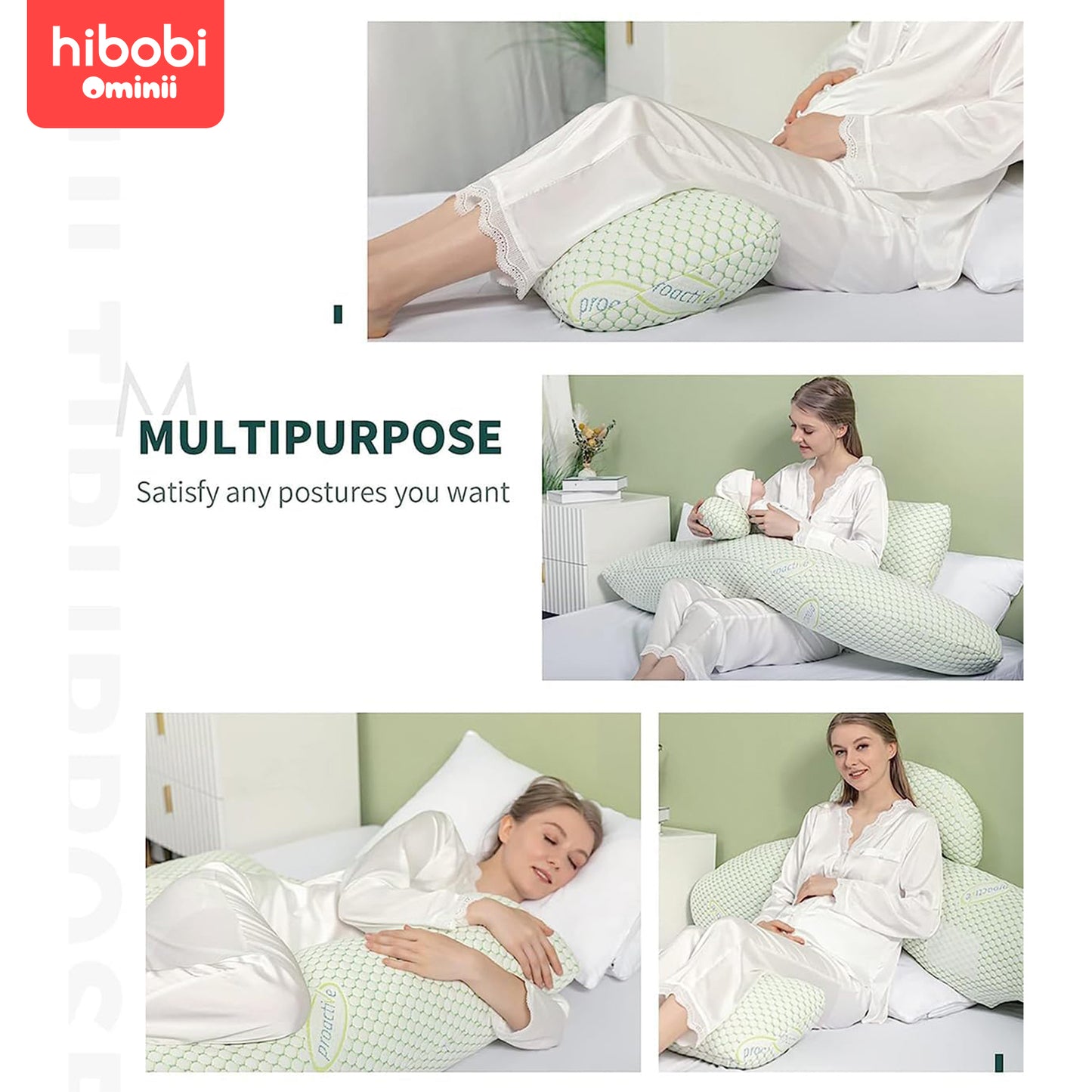Hibobi Ominni Pregnancy Pillow for Side Sleepers, J-Shape, with Head and Neck Cover Made of knitted fabric, with a detachable pillowcase, this full body pillow supports the back, hips, legs and abdomen.