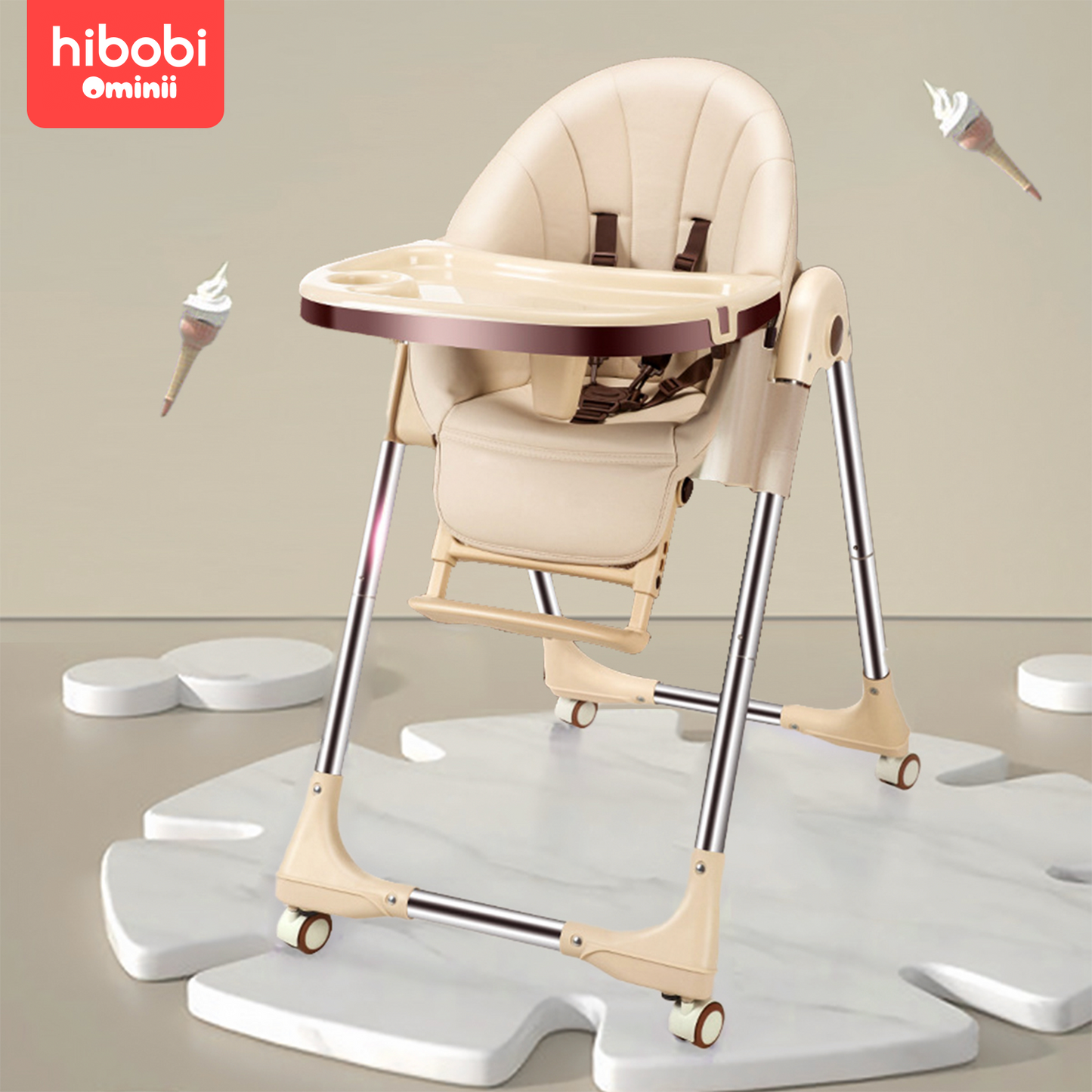 Hibobi Ominni Baby Chair Baby Sitting Chair Baby Seat Baby High Chair Foldable and Portable Baby High Chair, Adjustable Table, Footstool, Backrest, Dining Table and Chair, Waterproof Leather