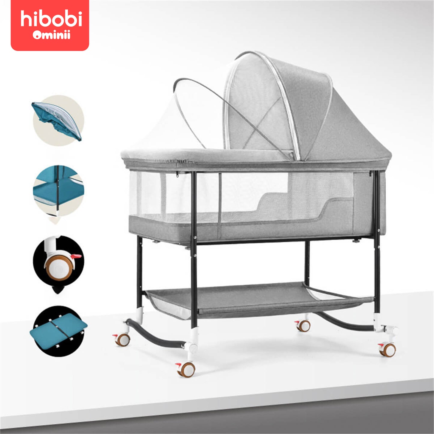 Hibobi Ominni Bed Infant Bed Travel Bed, Cradle, Foldable and Openable, Adjustable Cover, Storage, Mattress Cover.