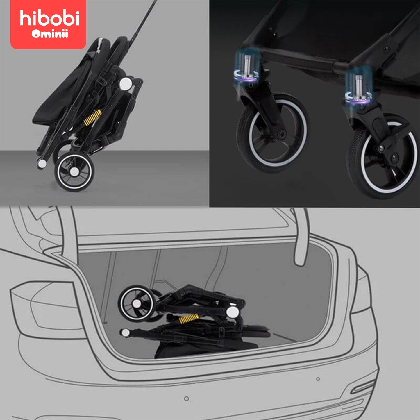 Hibobi Ominni Lightweight Stroller, Lightweight Travel Stroller for 0-36 Months with Foldable Storage Basket, Strollers and Accessories, 5 Point Safety Harness (Grey, Black)