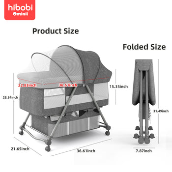 Hibobi Ominni Baby Side Bed, Newborn Foldable Bed, Crib with Large Storage Basket, Portable Infant Bed with Side Net for Travel, Adjustable High with Soft Mattress, Swivel Wheels and Anti-Mosquito Net.