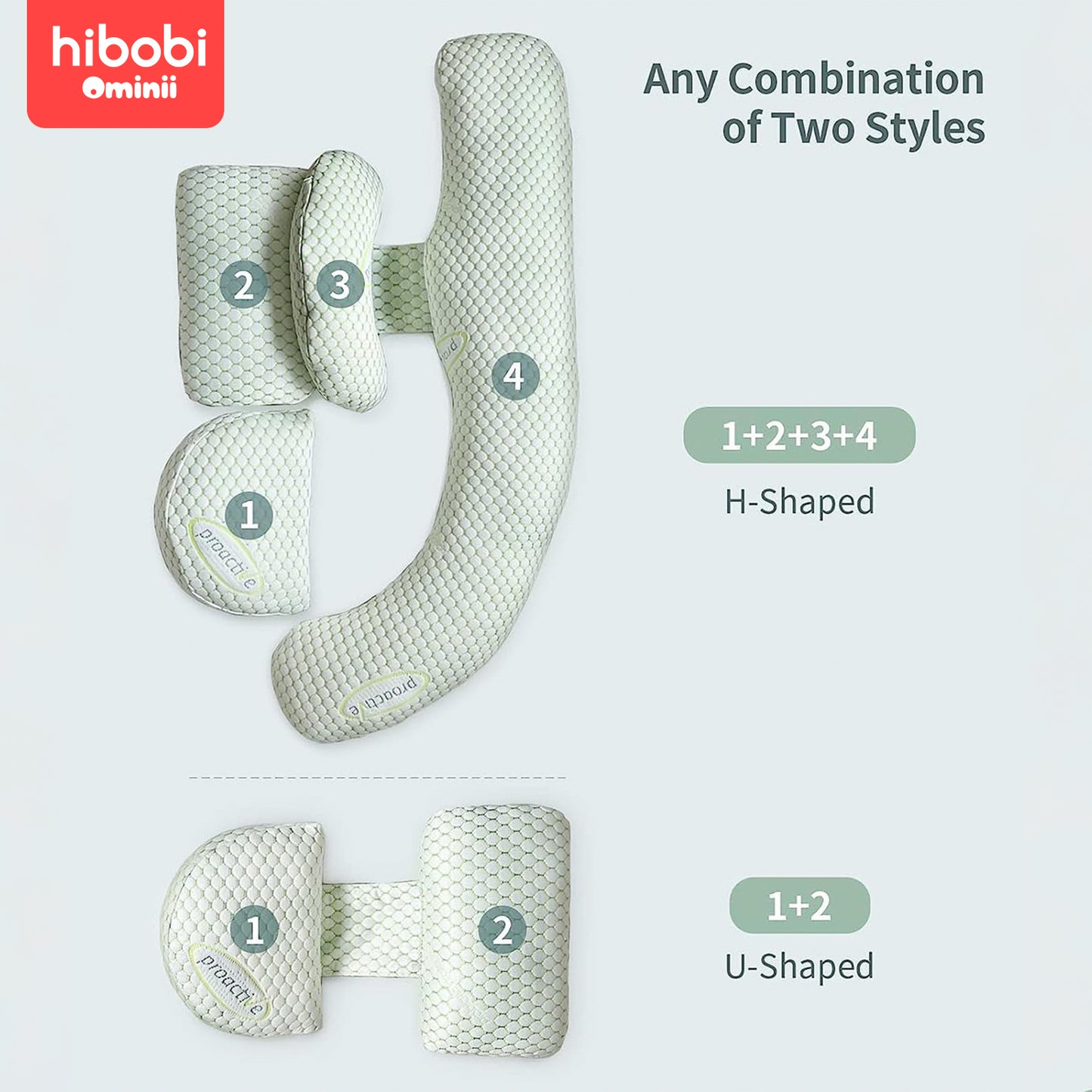 Hibobi Ominni Pregnancy Pillow for Side Sleepers, J-Shape, with Head and Neck Cover Made of knitted fabric, with a detachable pillowcase, this full body pillow supports the back, hips, legs and abdomen.