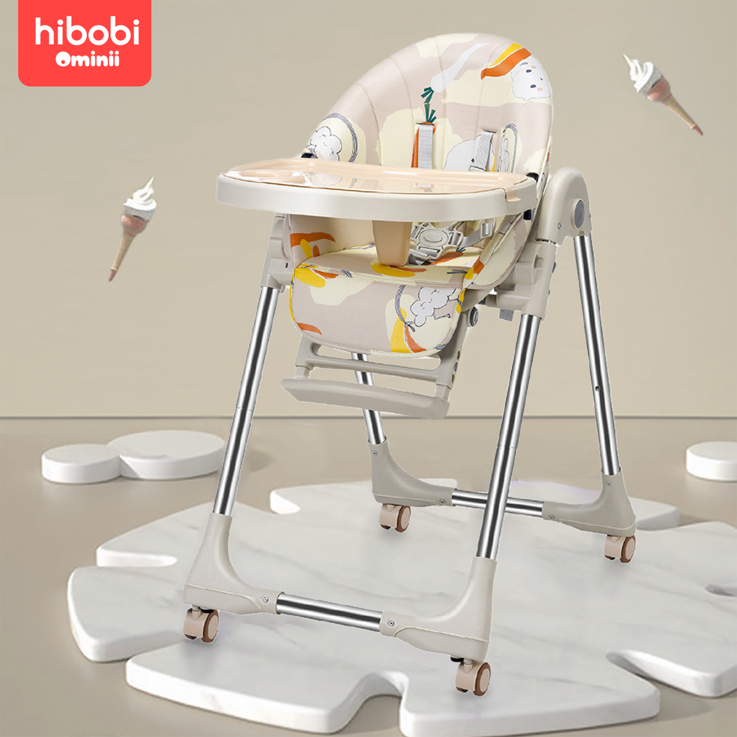 Hibobi Ominni Baby Chair Baby Sitting Chair Baby Seat Baby High Chair Foldable and Portable Baby High Chair, Adjustable Table, Footstool, Backrest, Dining Table and Chair, Waterproof Leather