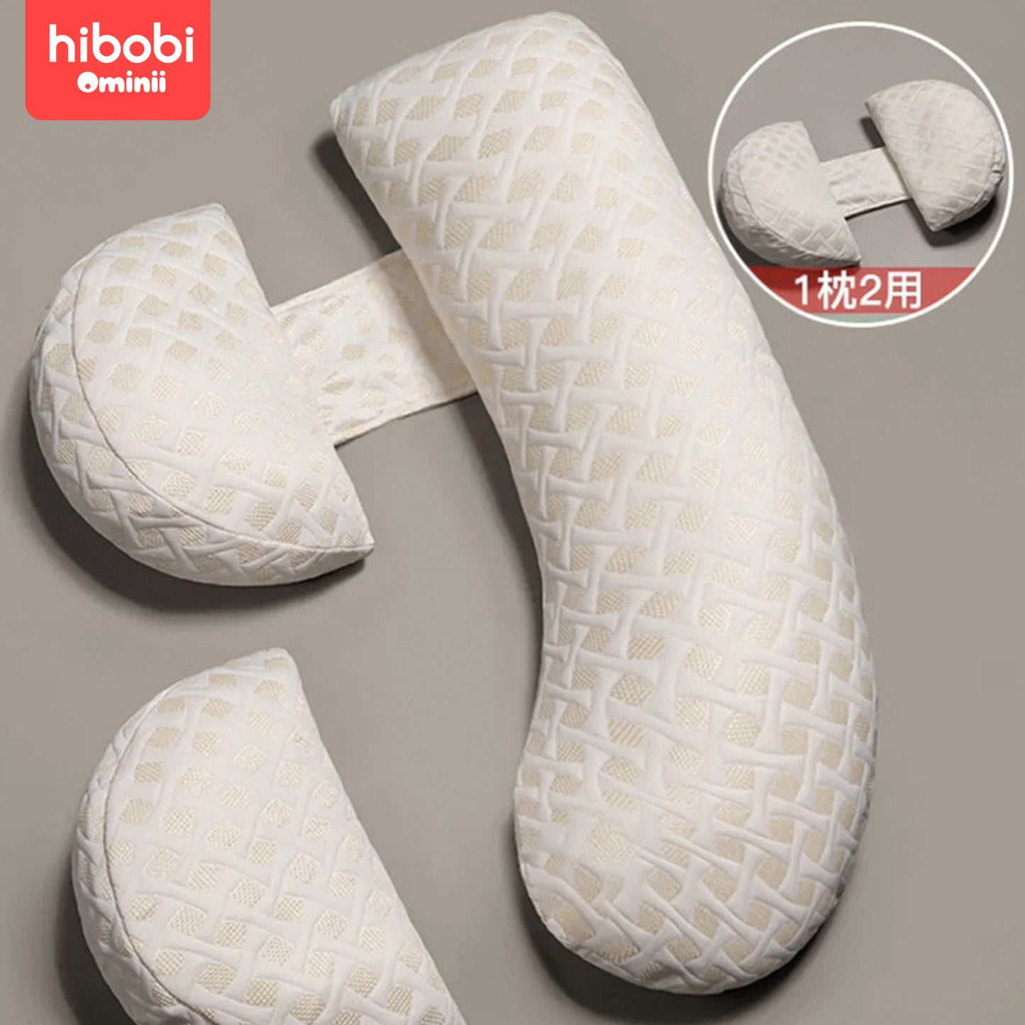 Hibobi Ominni Pregnancy Pillow for Side Sleepers, J-Shape, with Head and Neck Cover Made of knitted fabric, with a detachable pillowcase, this full body pillow supports the back, hips, legs and abdomen.