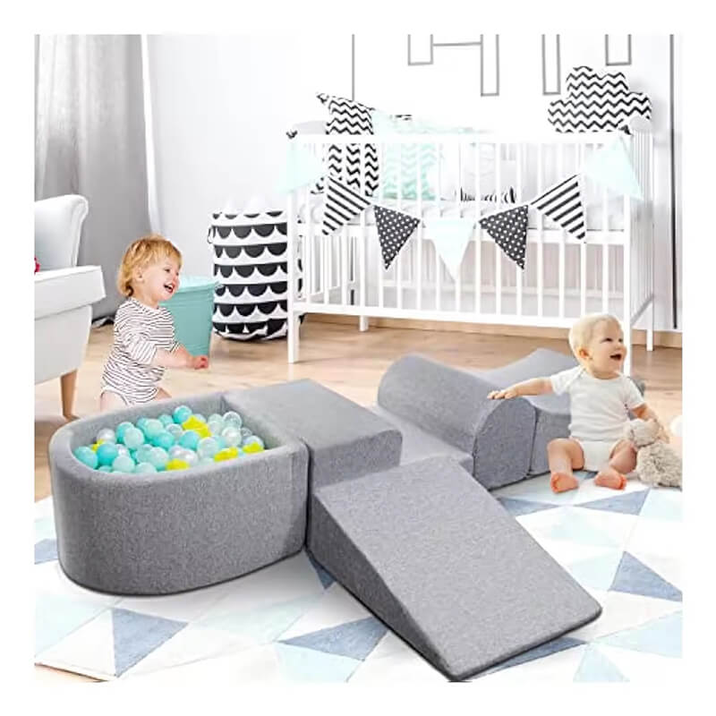 طقم أريكة أطفال بتصميم معياري باللون الرمادي، ملعب داخلي صديق للبيئة مزود بحوض كرات