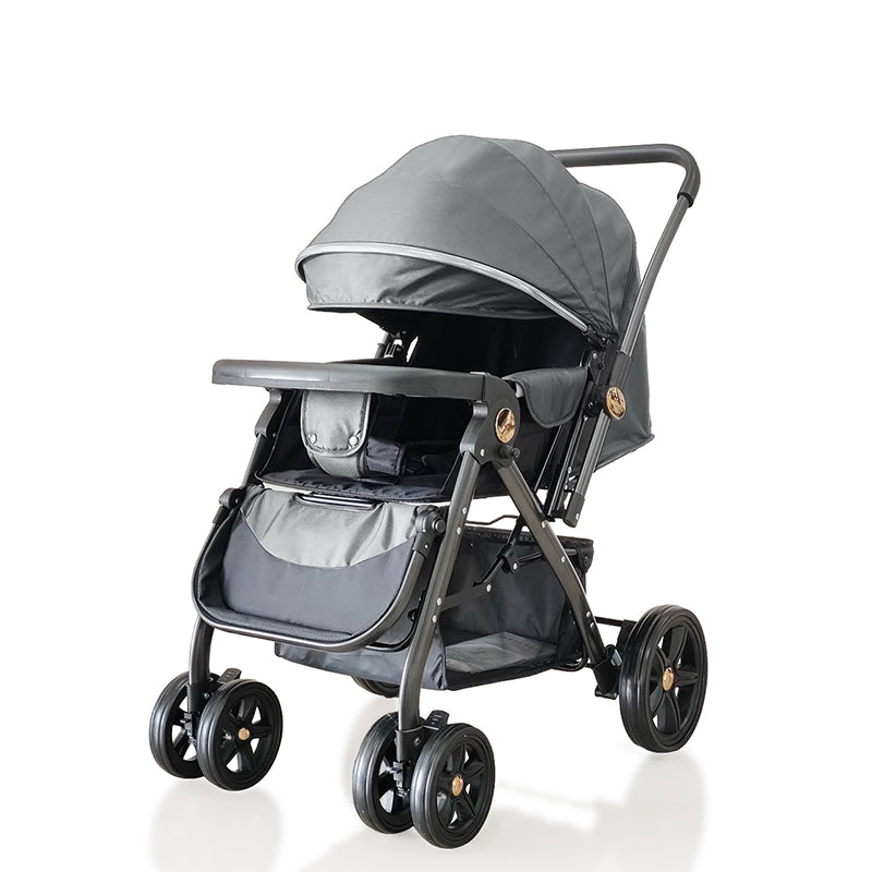 عربة أطفال فاخرة عالية الارتفاع، مقبض قابل للعكس × مقعد واسع × قماش فاخر، طي بيد واحدة، نظام تعليق لجميع التضاريس، تحمل حتى 70 كجم، 3 مناطق تخزين، مسند ظهر متعدد الوضعيات، حزام أمان خماسي النقاط – رمادي