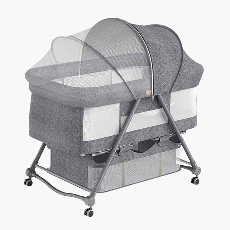 Hibobi Ominni Baby Side Bed, Newborn Foldable Bed, Crib with Large Storage Basket, Portable Infant Bed with Side Net for Travel, Adjustable High with Soft Mattress, Swivel Wheels and Anti-Mosquito Net.