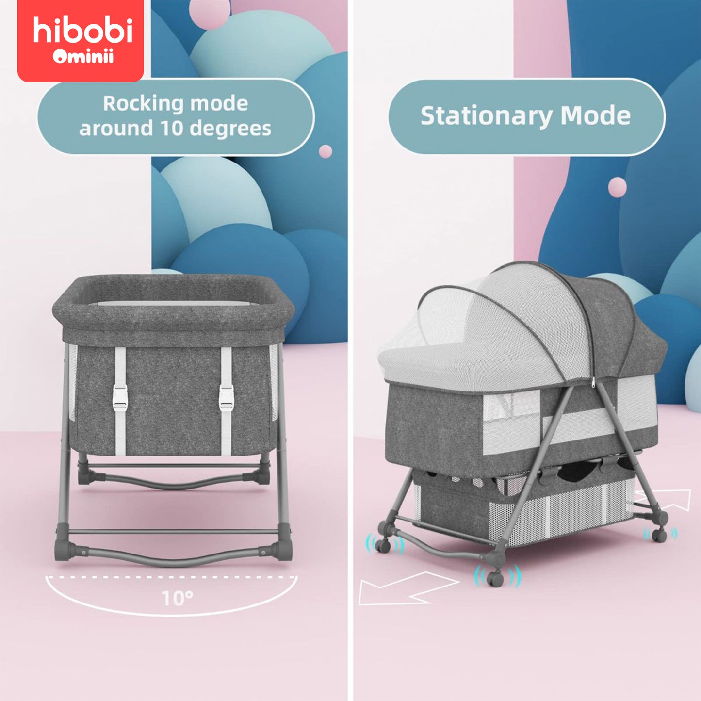 Hibobi Ominni Baby Side Bed, Newborn Foldable Bed, Crib with Large Storage Basket, Portable Infant Bed with Side Net for Travel, Adjustable High with Soft Mattress, Swivel Wheels and Anti-Mosquito Net.