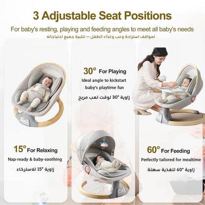 كرسي ارجوحة كهربائي فاخر للاطفال مع جهاز تحكم عن بعد، 5 سرعات قابلة للتعديل، عرض ضوء النجوم، موسيقى ومؤقت مهدئ، شبكة ناموسية، مقعد مريح وحزام امان، مثالي لحديثي الولادة والهدايا