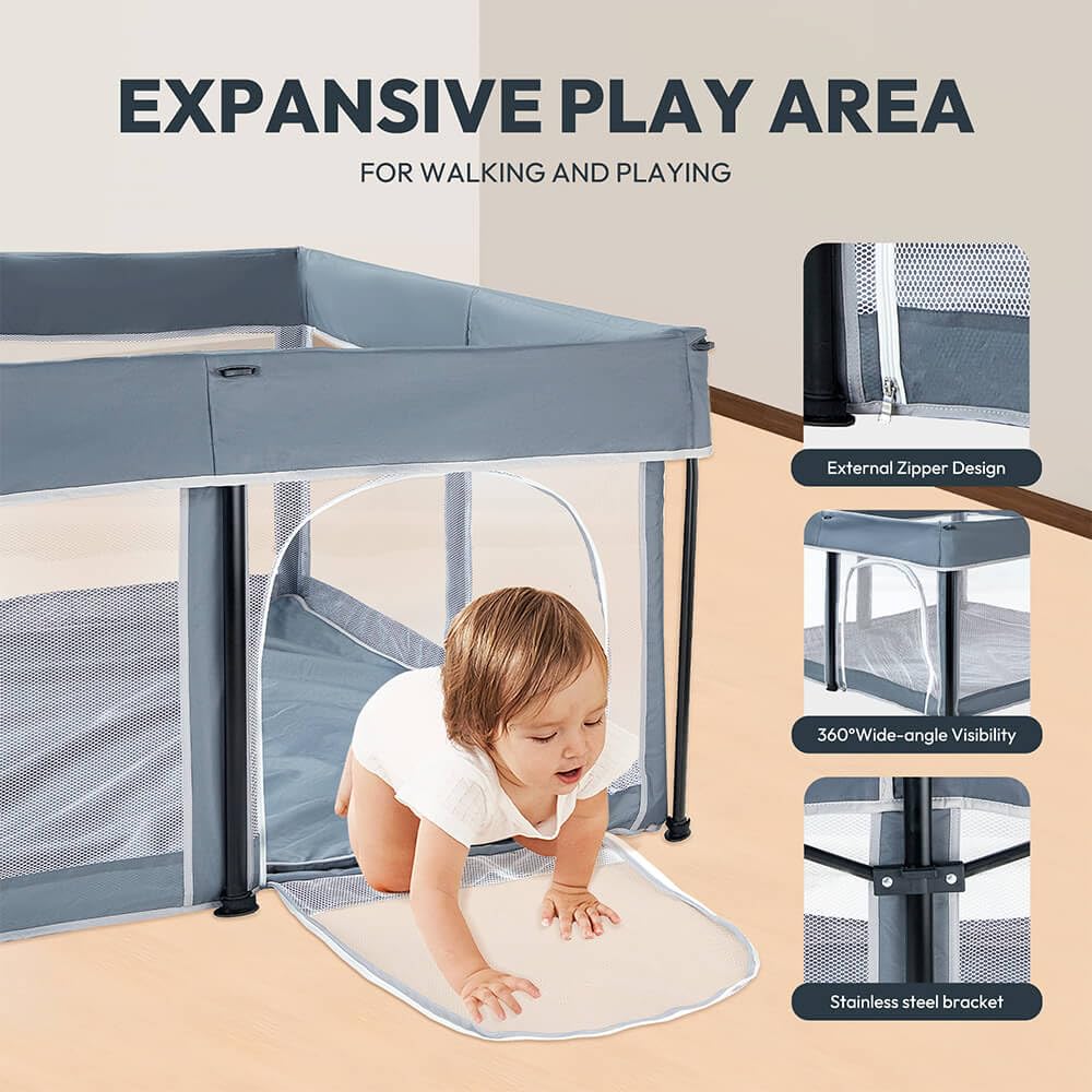 حظيرة لعب قابلة للطي للأطفال، أبعادها 120 × 120 × 66 سم، مزودة بفرشة مبطنة قابلة للإزالة وحقيبة تخزين.
