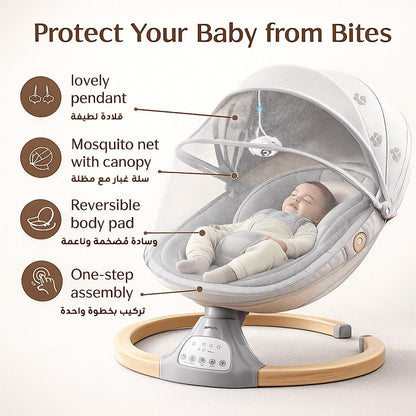 كرسي ارجوحة كهربائي فاخر للاطفال مع جهاز تحكم عن بعد، 5 سرعات قابلة للتعديل، عرض ضوء النجوم، موسيقى ومؤقت مهدئ، شبكة ناموسية، مقعد مريح وحزام امان، مثالي لحديثي الولادة والهدايا