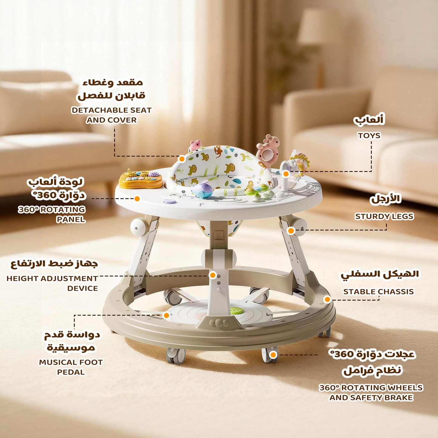 مشاية أطفال 3 في 1، بارتفاع قابل للتعديل وقابلة للطي لسهولة التخزين، عجلات سلسة للحركة بثبات أثناء الخطوات الأولى، مقعد مبطن قابل للتهوية، مناسبة للأطفال من 6 إلى 24 شهرًا