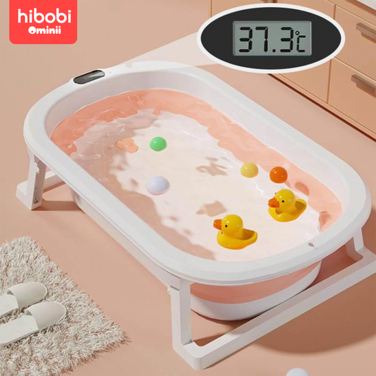 Hibobi Ominni Foldable Bathtub for Infants, Large Non-Slip Foldable Bathtub with Drain Hole and Temperature Display for Babies and Toddlers Travel (Blue)