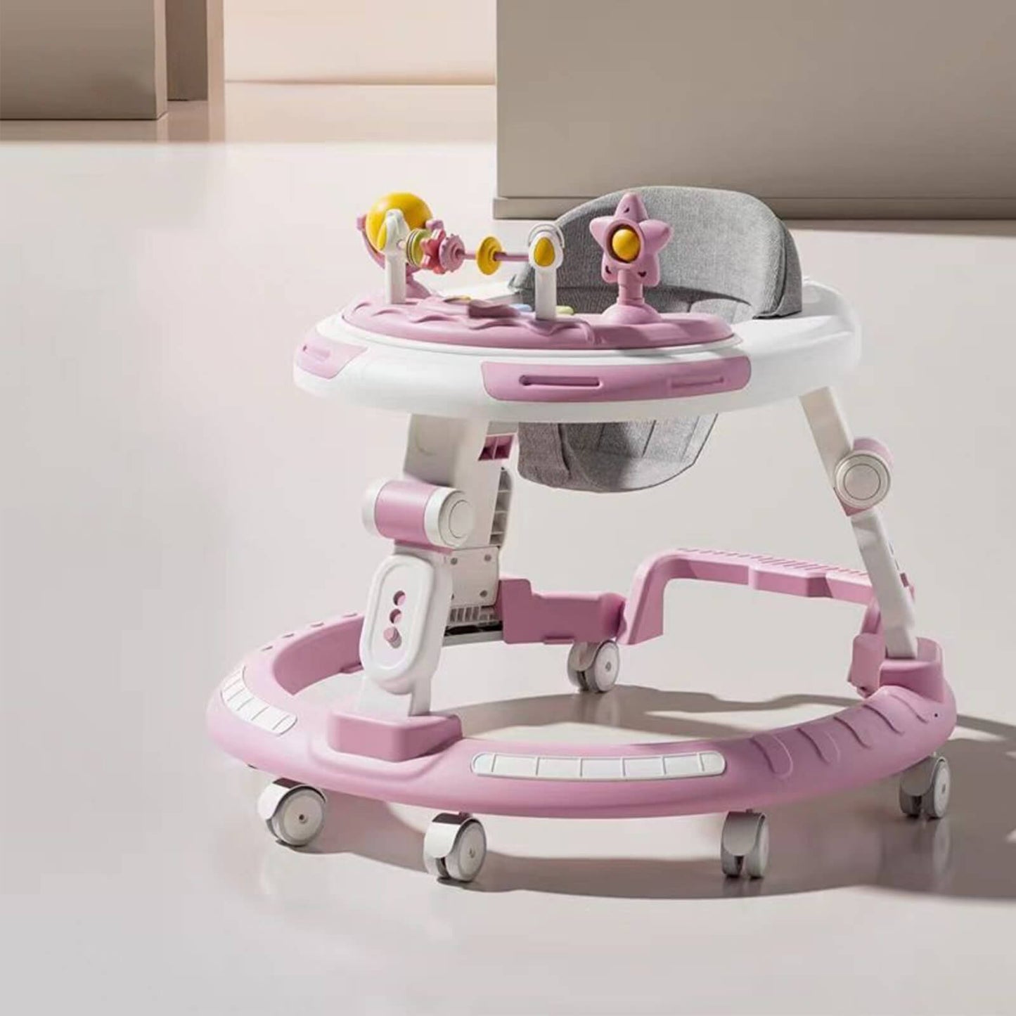 مشاية أطفال 3 في 1 مزوّدة بعجلات، مشاية للرضّع والأطفال الصغار للأولاد والبنات من عمر 6 إلى 18 شهرًا، قابلة للطي مع ارتفاعات قابلة للتعديل (اللون الوردي)