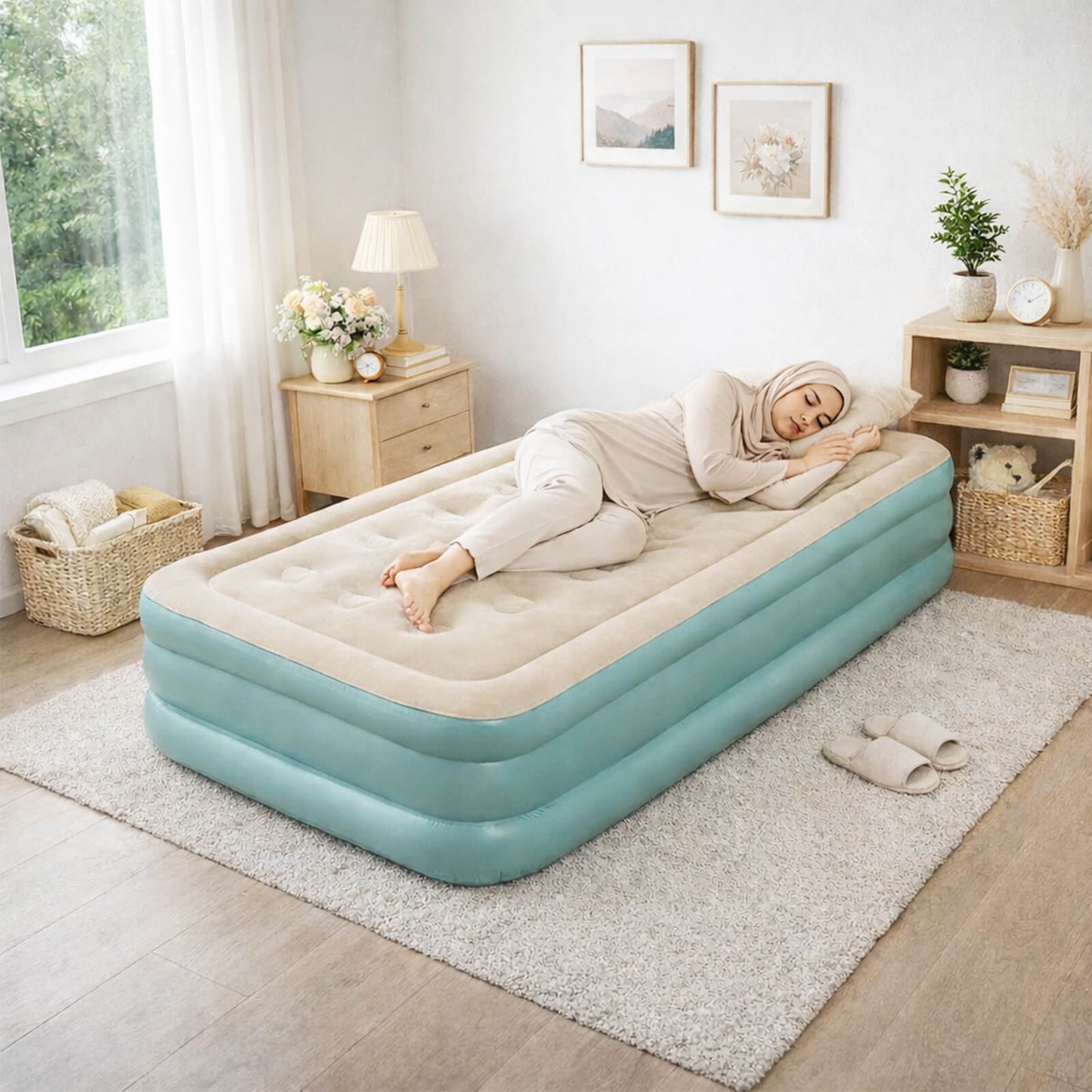 مرتبة هوائية مع مضخة مدمجة – مرتبة قابلة للنفخ محمولة، سرير هوائي للتخييم والسفر والاستخدام المنزلي، نفخ وتفريغ سريع