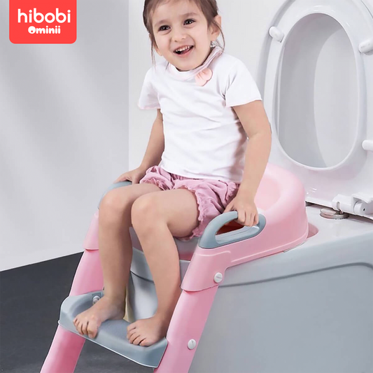 Hibobi Ominni Potty Training Seat, Baby Toilet Training Chair with Ladder, Foldable Portable Toilet with Adjustable Ladder, Safety Handle and Soft Cushion White for Baby Boys Girls