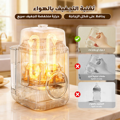جهاز غسل وتعقيم وتجفيف رضّاعات الأطفال، مع وضعَي غسيل، يدعم تخزينًا نظيفًا حتى 72 ساعة، مناسب للرضّاعات والحلمات وأجزاء مضخات الحليب، يوفّر الوقت والجهد – أساسي للعائلات مع حديثي الولادة