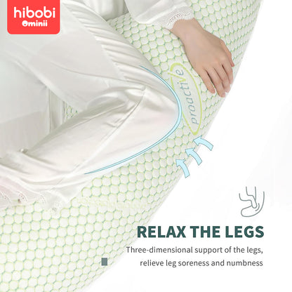 Hibobi Ominni Pregnancy Pillow for Side Sleepers, J-Shape, with Head and Neck Cover Made of knitted fabric, with a detachable pillowcase, this full body pillow supports the back, hips, legs and abdomen.