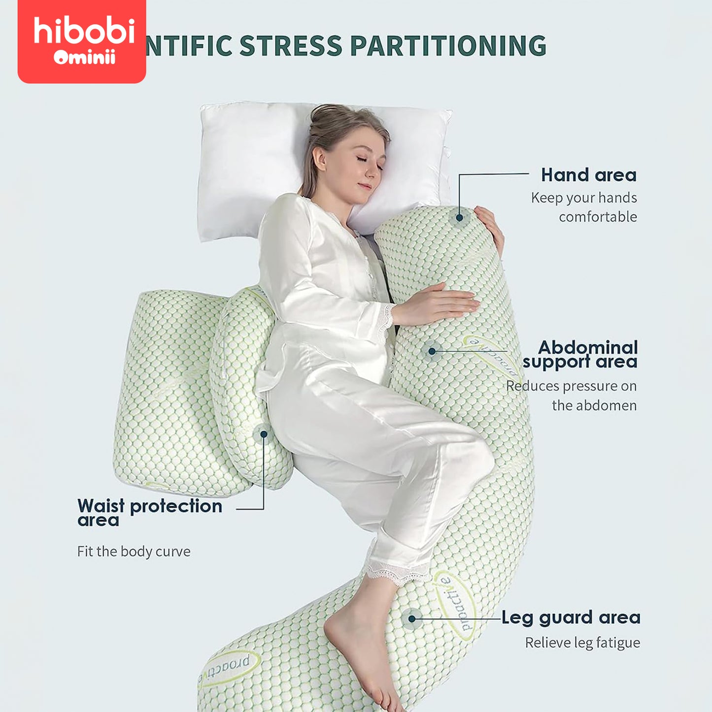 Hibobi Ominni Pregnancy Pillow for Side Sleepers, J-Shape, with Head and Neck Cover Made of knitted fabric, with a detachable pillowcase, this full body pillow supports the back, hips, legs and abdomen.