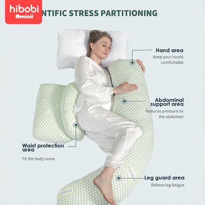 Hibobi Ominni Pregnancy Pillow for Side Sleepers, J-Shape, with Head and Neck Cover Made of knitted fabric, with a detachable pillowcase, this full body pillow supports the back, hips, legs and abdomen.