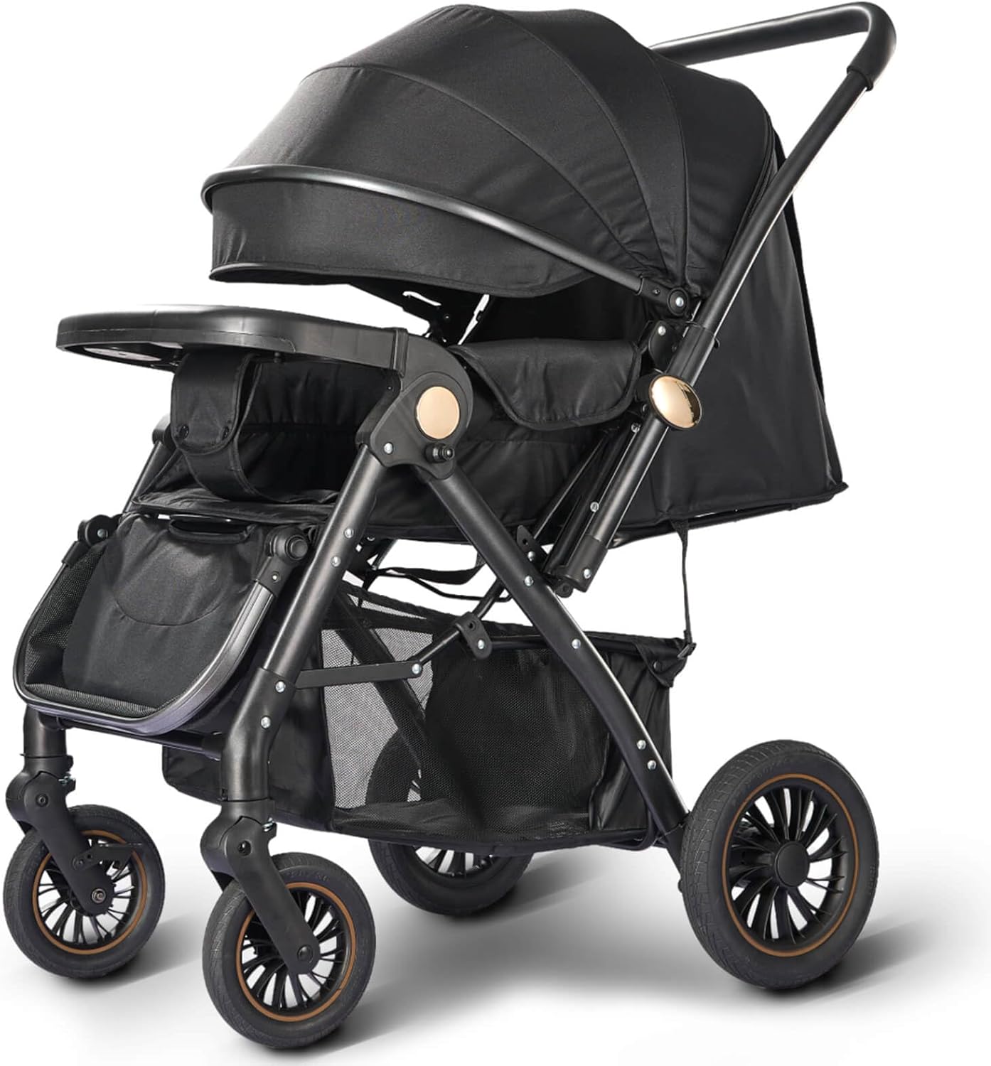 عربة أطفال فاخرة بمقعد قابل للعكس، تصميم طيّ بالضغط بالقدم لسهولة الإغلاق، مناسبة للأطفال من 0 إلى 6 سنوات، حمولة حتى 50 كجم، عجلات لجميع التضاريس مع امتصاص الصدمات