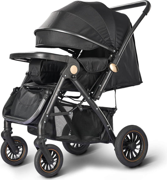 عربة أطفال فاخرة بمقعد قابل للعكس، تصميم طيّ بالضغط بالقدم لسهولة الإغلاق، مناسبة للأطفال من 0 إلى 6 سنوات، حمولة حتى 50 كجم، عجلات لجميع التضاريس مع امتصاص الصدمات
