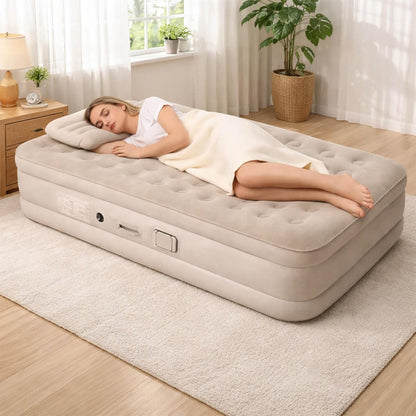 مرتبة هوائية مع مضخة مدمجة – سرير هوائي قابل للنفخ محمول للتخييم والسفر والمنزل، نفخ وتفريغ سريع، مصنوعة من PVC مقاوم للماء، مع وسادة وحقيبة تخزين