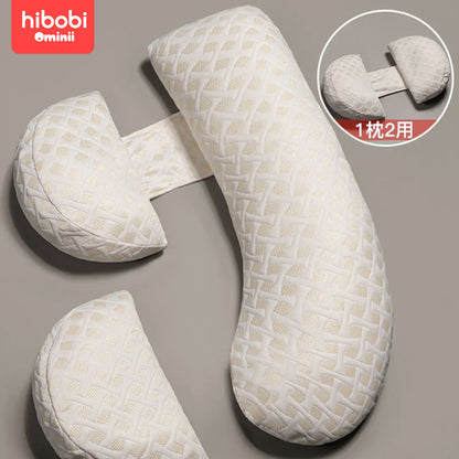 Hibobi Ominni Pregnancy Pillow for Side Sleepers, J-Shape, with Head and Neck Cover Made of knitted fabric, with a detachable pillowcase, this full body pillow supports the back, hips, legs and abdomen.