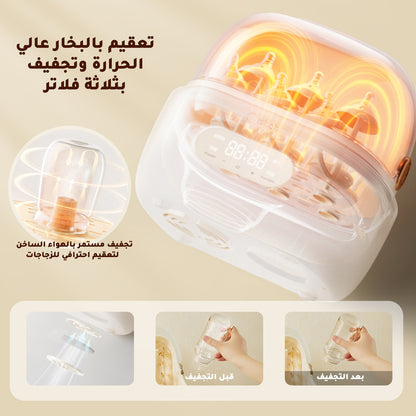 جهاز تعقيم وتجفيف رضّاعات الأطفال، تعقيم عميق بنسبة 99.9%، تجفيف سريع، تخزين آمن حتى 48 ساعة، سعة كبيرة تصل إلى 12 رضّاعة، مثالي للاستخدام اليومي للآباء