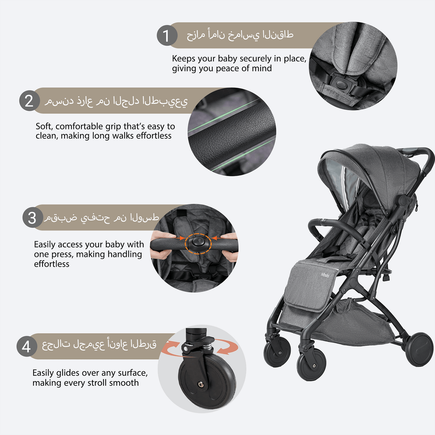 عربة أطفال للسفر للرضّع والأطفال الصغار، مناسبة للطائرة، طيّ بيد واحدة، مزوّدة بعجلات ممتصة للصدمات، مسند ظهر متعدد الوضعيات، حامل أكواب، مظلة حماية من أشعة الشمس UPF وسلة تخزين