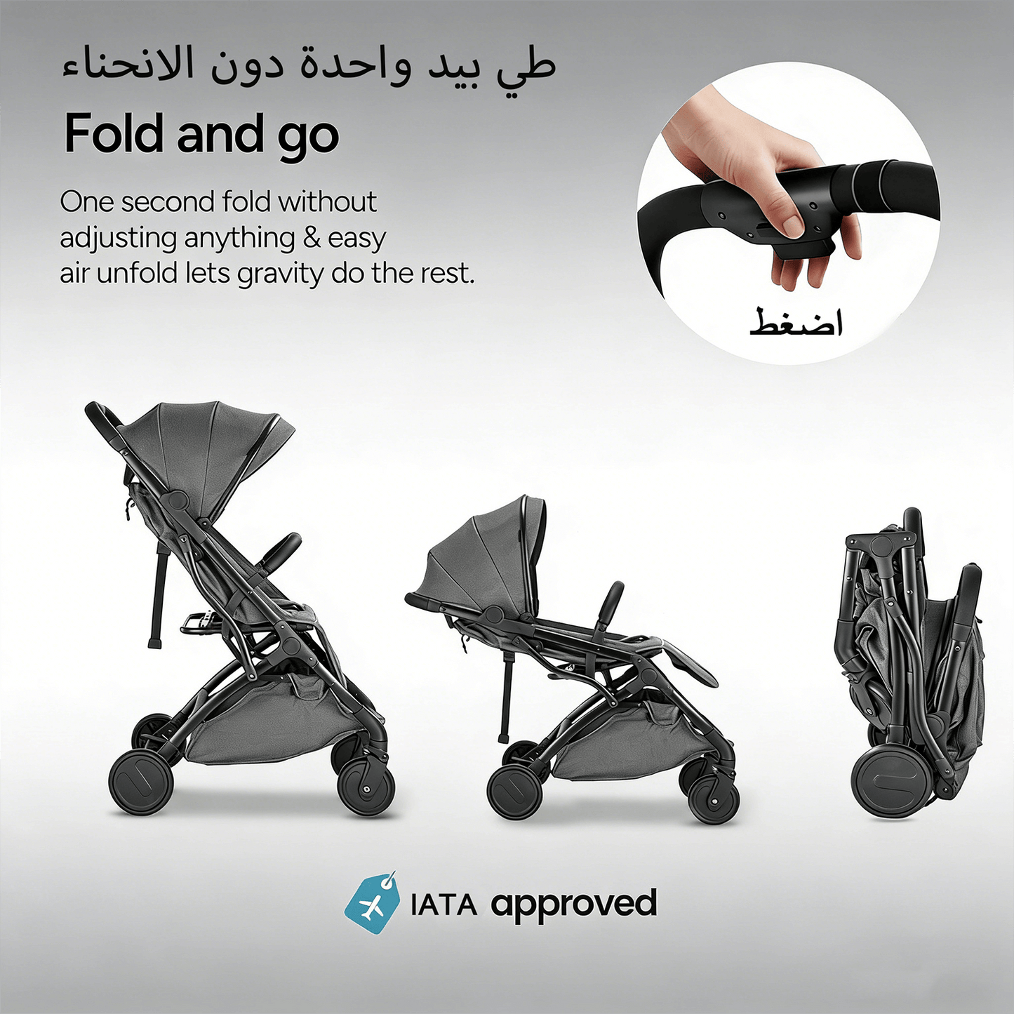 عربة أطفال للسفر للرضّع والأطفال الصغار، مناسبة للطائرة، طيّ بيد واحدة، مزوّدة بعجلات ممتصة للصدمات، مسند ظهر متعدد الوضعيات، حامل أكواب، مظلة حماية من أشعة الشمس UPF وسلة تخزين