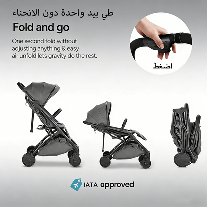 عربة أطفال للسفر للرضّع والأطفال الصغار، مناسبة للطائرة، طيّ بيد واحدة، مزوّدة بعجلات ممتصة للصدمات، مسند ظهر متعدد الوضعيات، حامل أكواب، مظلة حماية من أشعة الشمس UPF وسلة تخزين