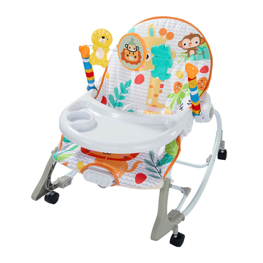 كرسي هزاز للأطفال 3 في 1 مع صينية وعجلات صامتة، هزاز آمن وثابت لحديثي الولادة، مزوّد بالموسيقى والاهتزاز، قوس ألعاب قابل للإزالة، وسادة مقعد قابلة للغسل في الغسالة، مناسب من الولادة حتى 6 أشهر بوزن يصل إلى 10 كجم